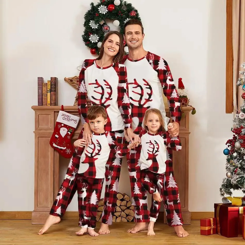 Family Matching Suit Christmas Costume Pajamas 2023 Christmas Elk Stitching Adult Children\'s Suit Baby Jumpsuit Family Pajamas