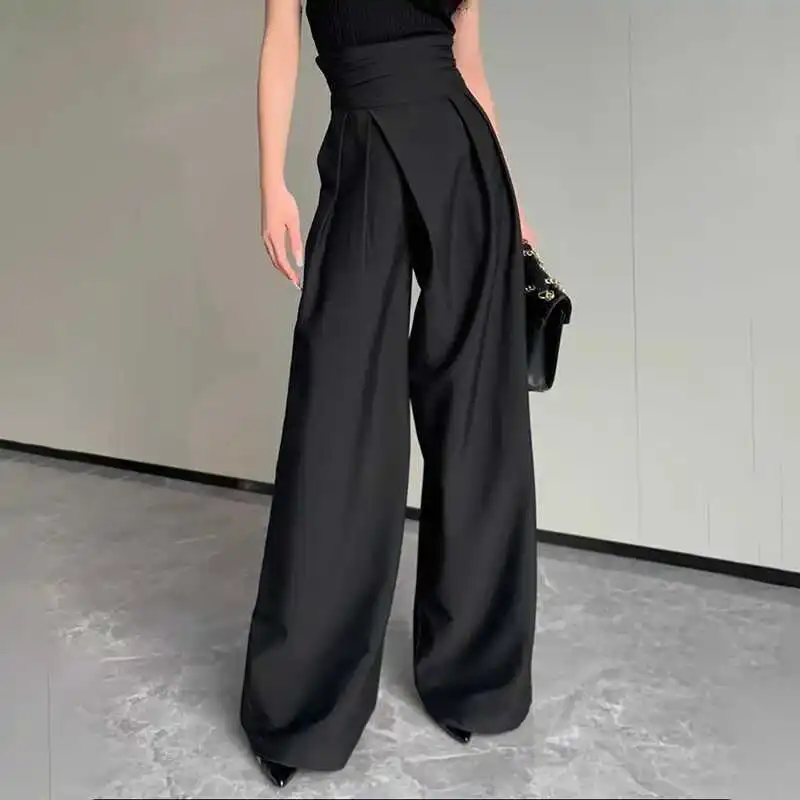 

Women Solid Wide Leg Pants Suit Trousers Full Lenth High Waist Zipper Slight Strech Loose Fit Office Lady Casual 2026 Spring