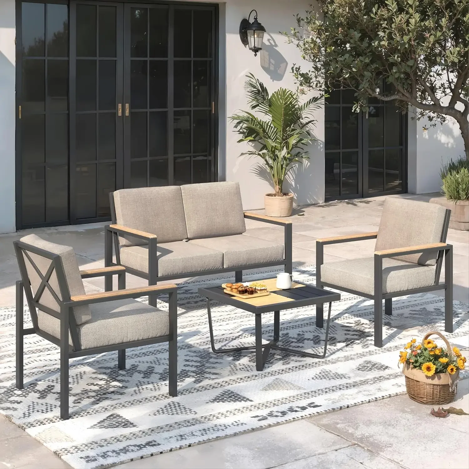 

4pc All-Weather Sectional Sofa 4in Cushions 210g Fade-Resistant Fabric Outdoor Set Coffee Table Beige Custom