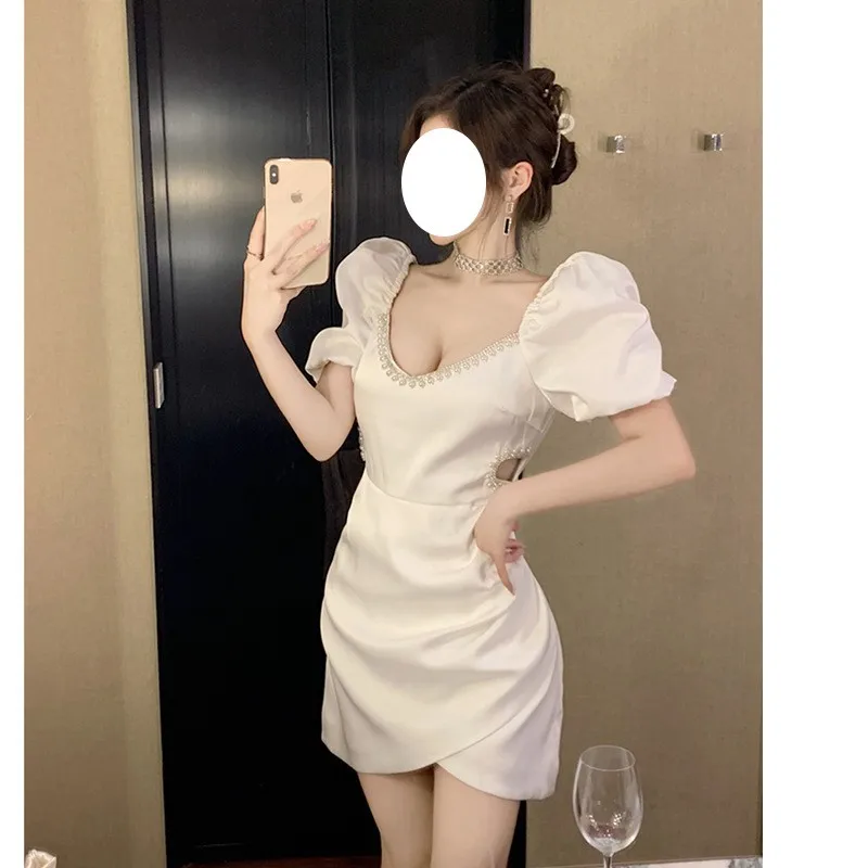 

Sexy White Summer Dr Women's Ele Diamond Embellied Square Ne Unique Birthday Dr Gown High Waist A-Line Skirt