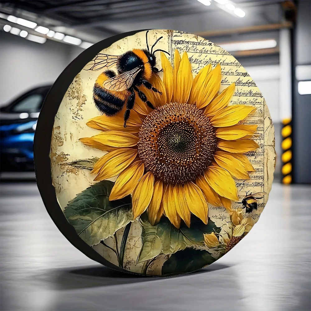 Sunflower and Bee Spare Tire Cover Durable Vinyl Protector for Auto Accessories Outdoor