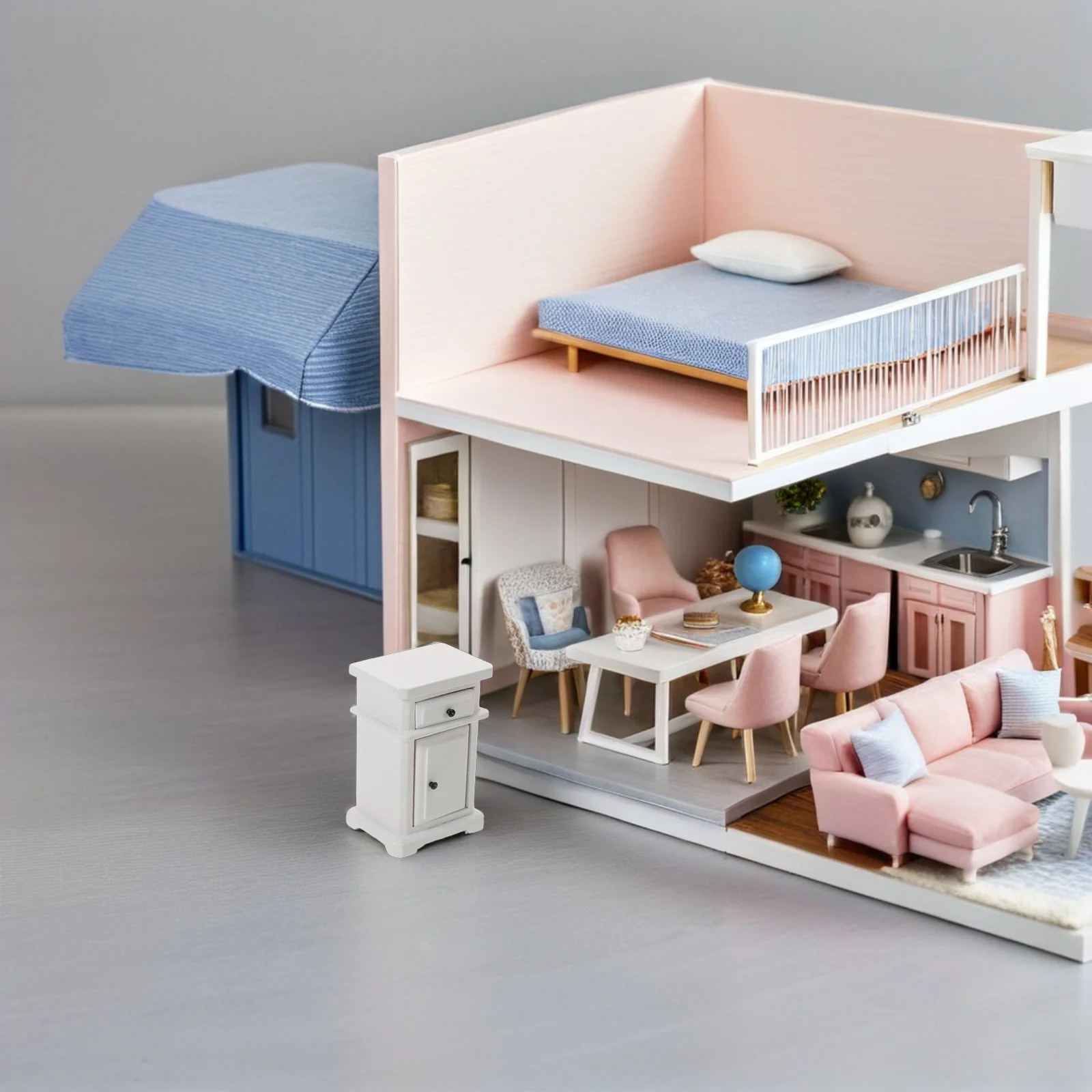 Mini muebles para casa de muñecas, mesita de noche, decoraciones en miniatura para dormitorio, mesas auxiliares, armario lateral de juguete blanco para juego de imitación