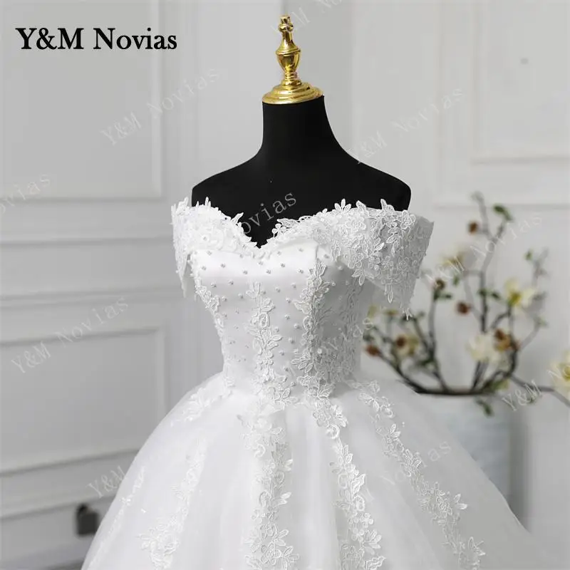 Y&M Novias Customized Off Shoulder Plus Size Vestido De Noiva Wedding Dress Long Train or Floor Appliqe Bridal Tulle Mariage