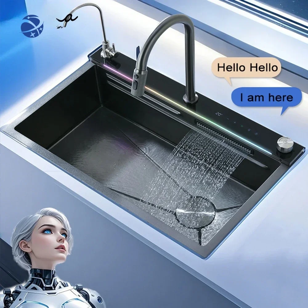 

New Model Multifunction Smart Kitchen Sink Manufacturer Black Kitchen Sink Stainless Steel AI Voice Waterfall Kitchen Sink