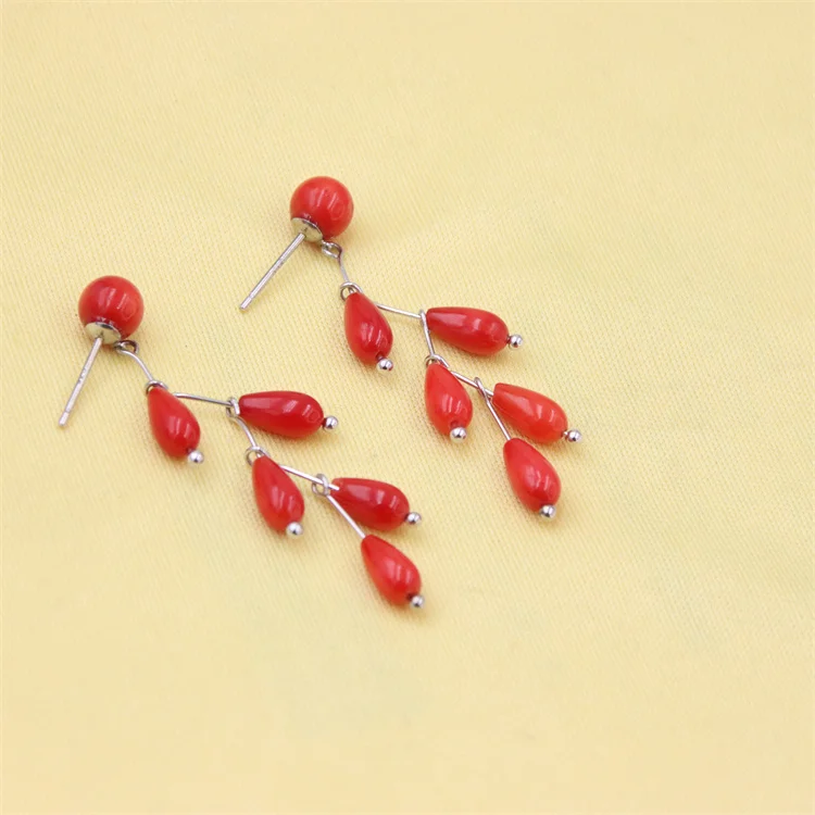 ZFSILVER Fashion  Red Nature Sea Bamboo Coral Stud Earrings 925 Sterling Silver For Women  Charm Leaf  Dangle Jewelry Girl Party