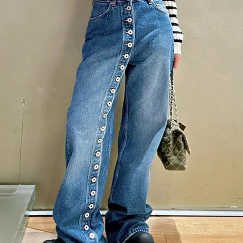 DEAT Fashion Retro Heavy Industry Denim Pants For Women High Waist Single Breasted Jeans Female 2025 Spring New Item 33A2455