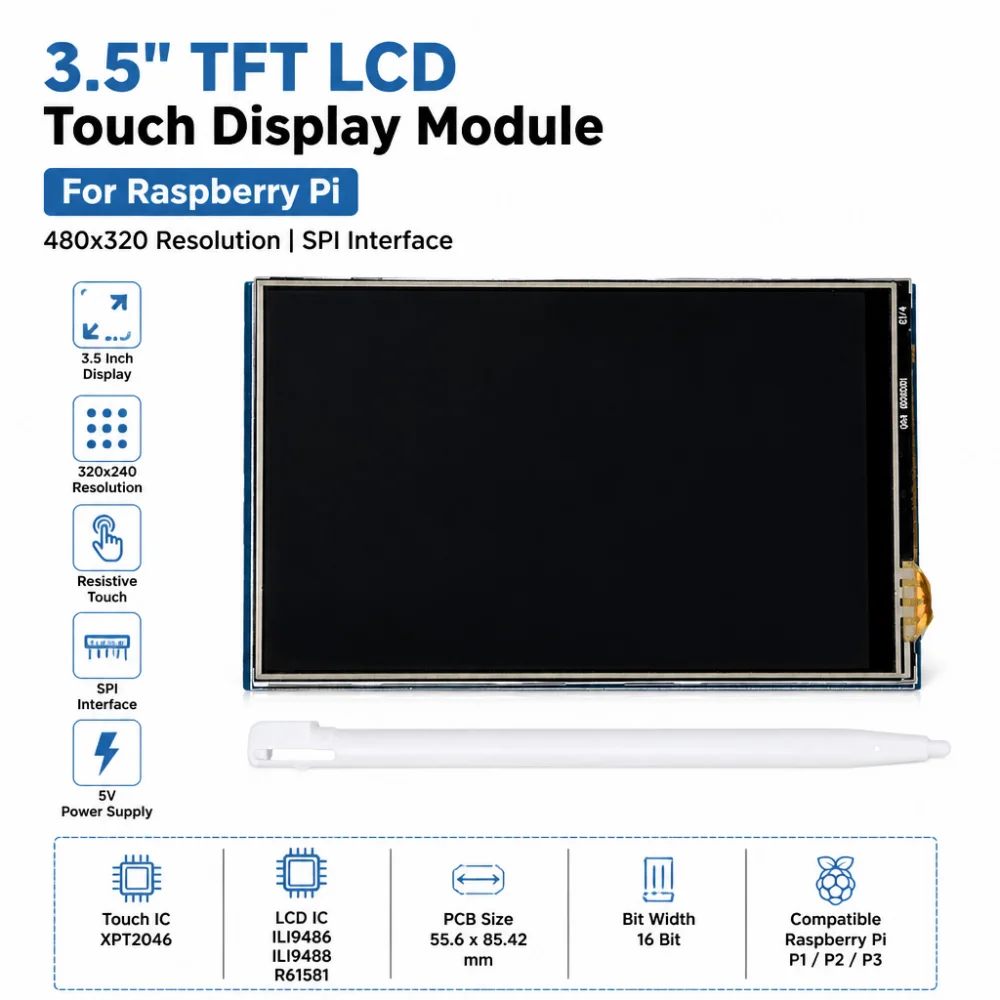 3.5-Inch TFT Touchscreen Module, 480x320 LCD Display, SPI Interface, Compatible with Raspberry Pi P1, P2, and P3