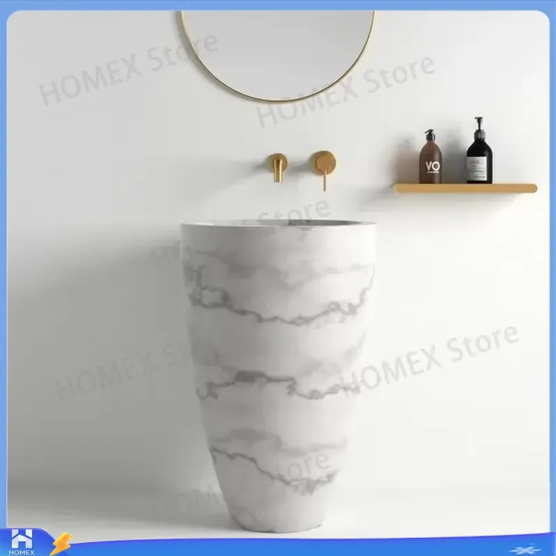Custom White Marble Oval Column Sink Modern Single Hole Faucet Mounted Easy Clean Eco Friendly Bathroom Basin Vanity