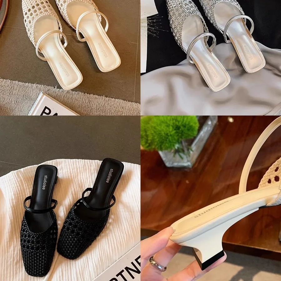 2024 donne francesi punta quadrata scava fuori maglia tacco basso mezze pantofole ragazza moda estate sandalo Sexy