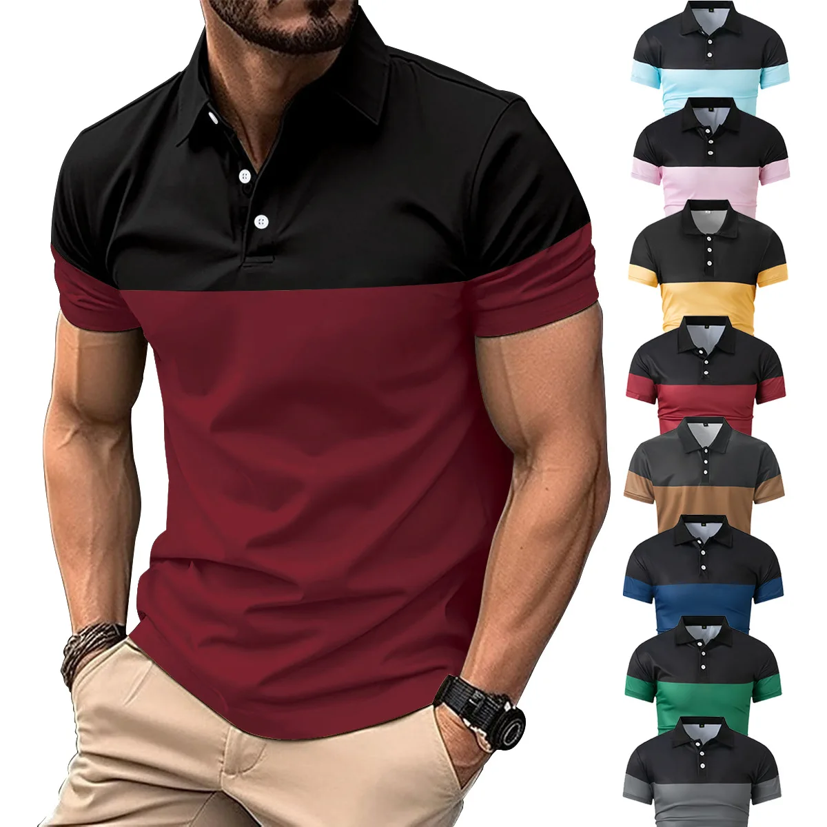 

2025New Cross border Men's Casual Polo Shirt Fashion V-neck Button Business Color blocked Versatile T-shirt Top