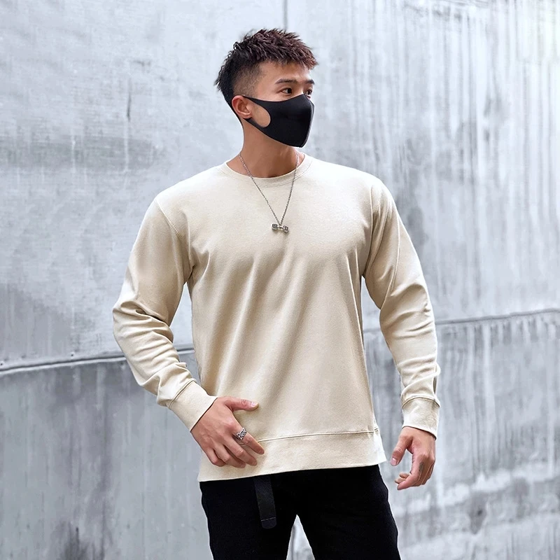 

New Men Autumn Pullover Cotton gym long sleeve men round collar casual sports outdoor elastic base fashion bodybuilding hoodie