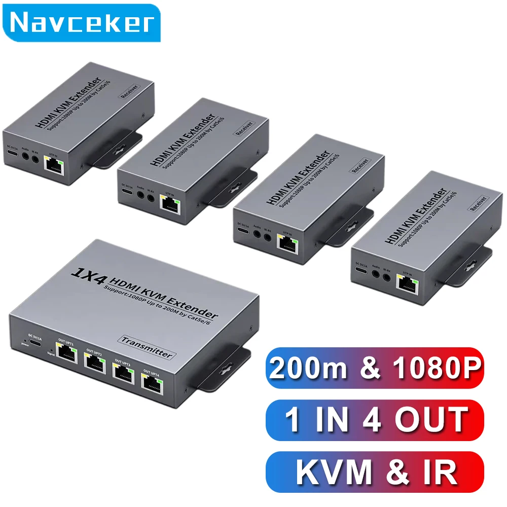 200M HDMI IP Extender Over RJ45 Ethernet Network Cat5e Cat 6 Cable USB KVM Via Switch 1 Transmitter To 4 Receiver for Laptop TV