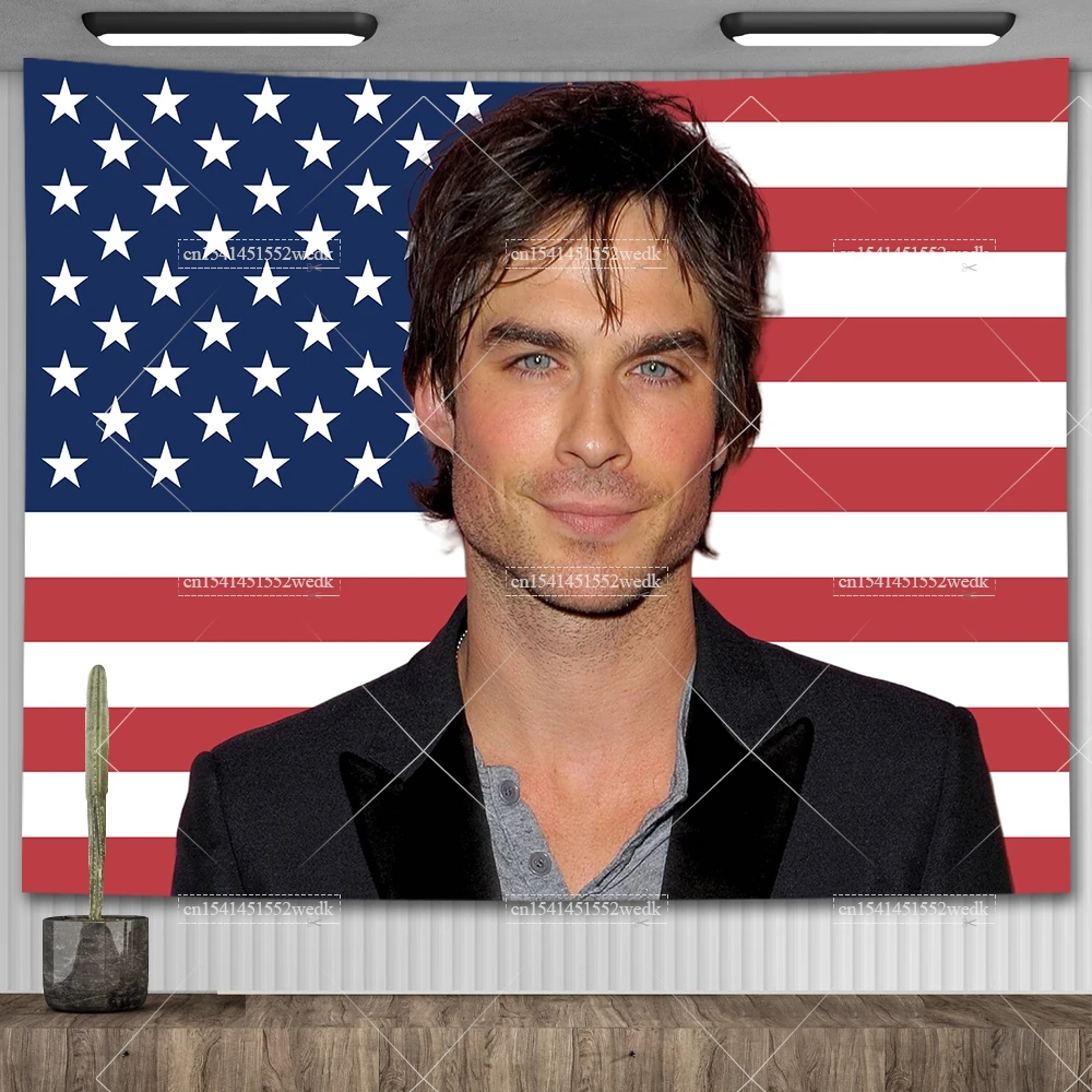 Ian Somerhalder American Flag Vampire Diaries Poster Damon Salvatorea Tapestrys Aesthetic Bedroom Decoration Party Banners