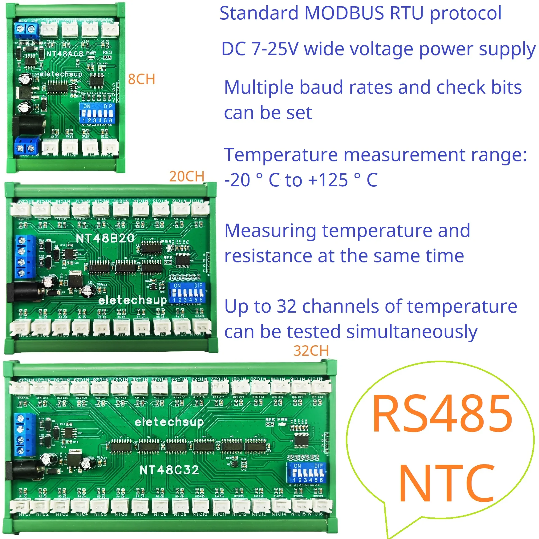 RS485 NTC Temperature Collector PLC Analog Acquisition Board Resistance Meter Passive Switch On/Off Detection 8-32CH DC 12V 24V