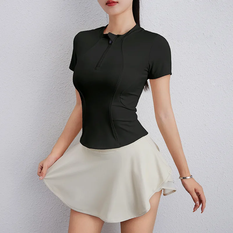 

Women's Half-Zip Tennis Tee: Slim-Fit, Quick-Dry, Stretch-Collar Summer Top for Yoga, Running & Gym Workouts