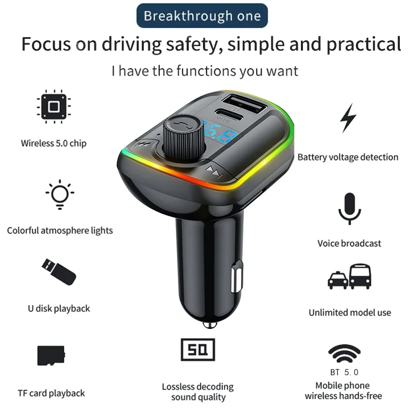 Hands-free FM Transmitter Car Kit MP3 Music Player Bluetooth-compatible 5.0 AUX Audio Music Play LED Light USB Car Charger PD18W