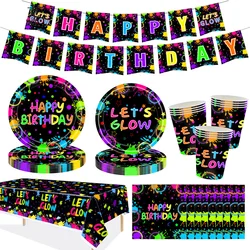 네온 테마 일회용 식기 종이 접시 컵 냅킨 배너 식탁보 빛나는 생일 축하 파티 장식 용품