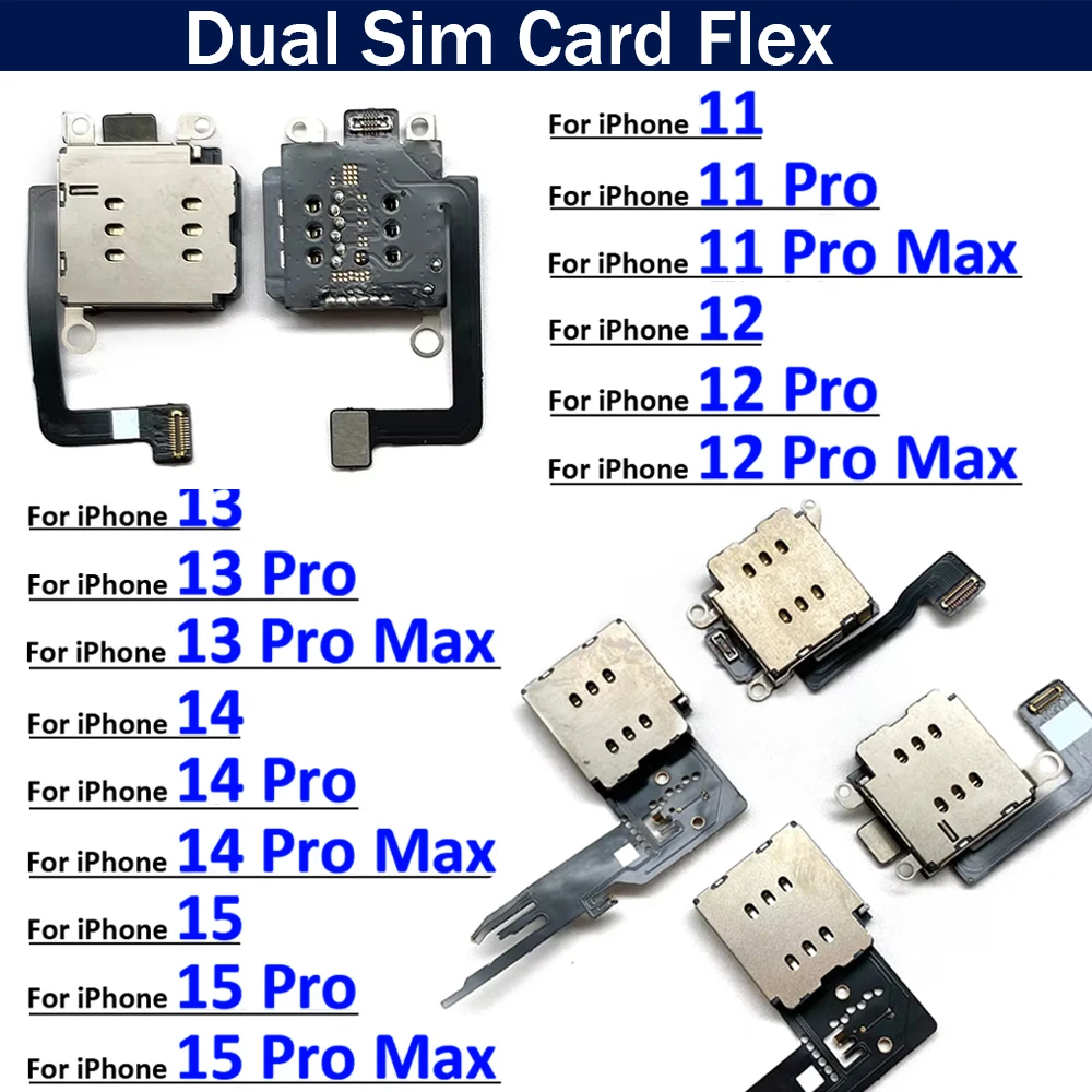 Dual SIM Card Tray Socket Slot Adapter Connector Reader Flex Cable Dual SIM Card For iPhone 11 12 13 14 15 Pro Max Plus Mini