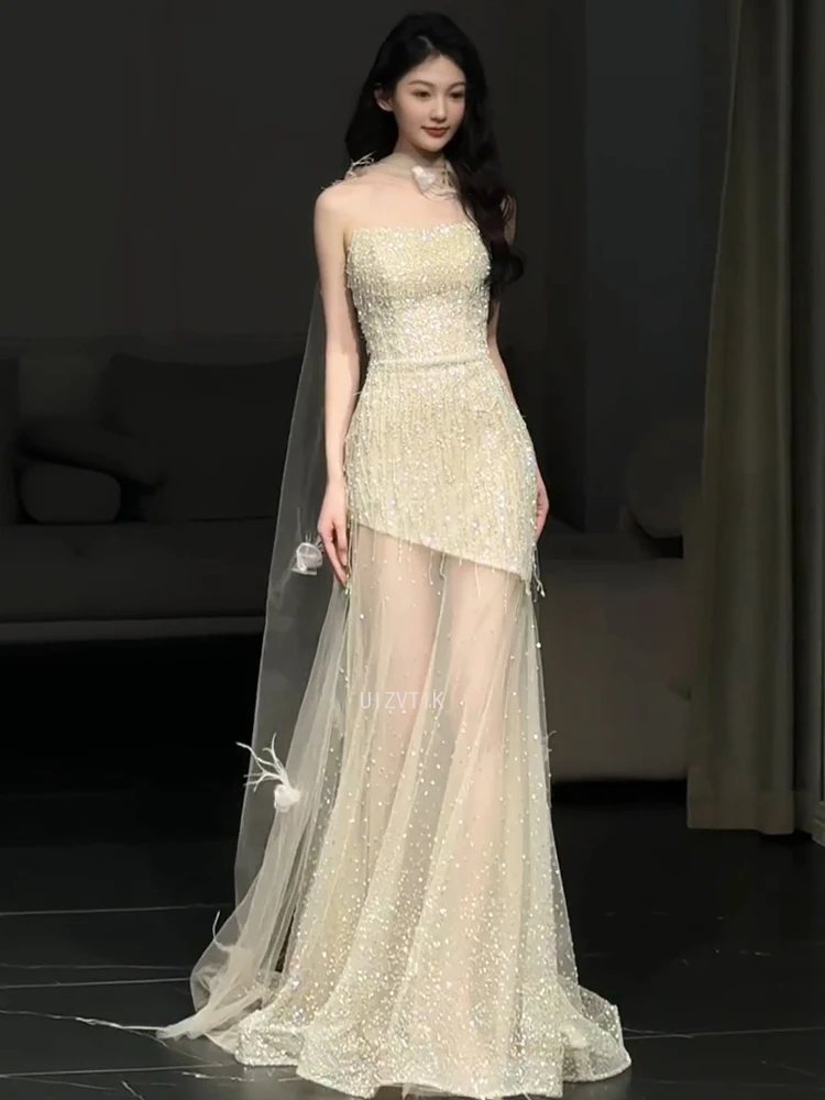 Robe de soirée sirène de luxe pour femmes, Sexy, maille scintillante, couture, paillettes, sans bretelles, robes de bal pour occasions spéciales