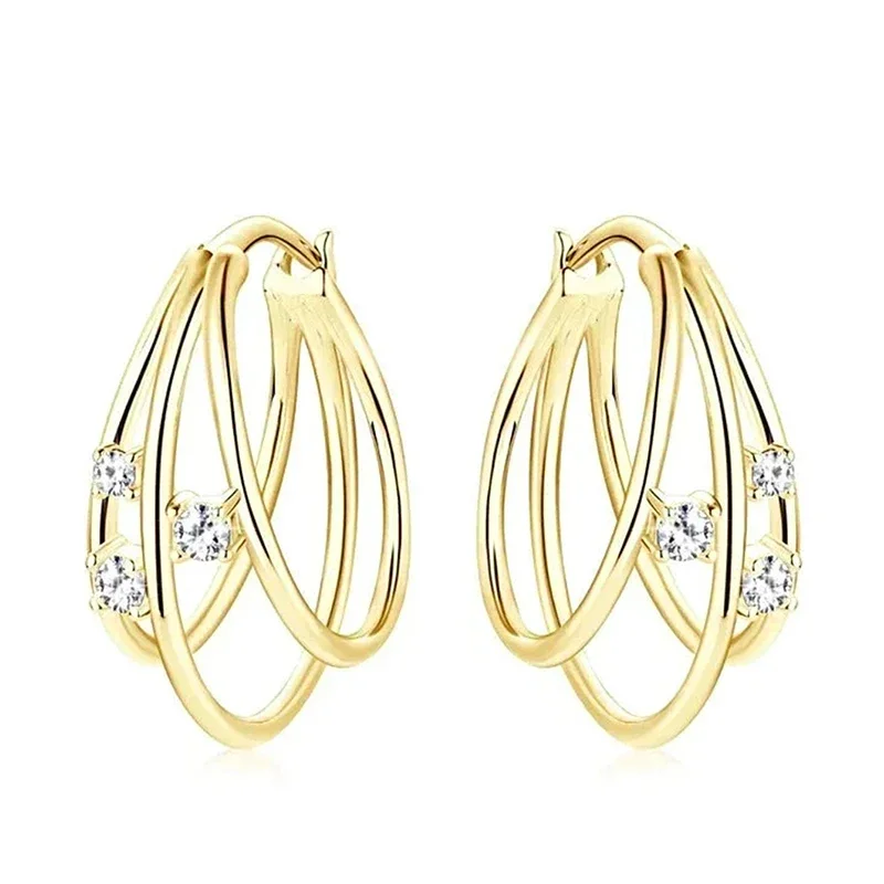 Huitan Trendy Gold Color Forky Circle Hoop Earrings for Women Noble Shiny Ear Accessories Luxury Chic Wedding Engagement Jewelry