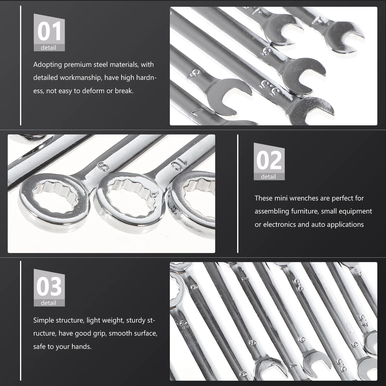 

10Pcs Steel Wrench Kit Compact Spanner Set for Furniture Electronics Assembly Auto Repair Tools Small Wrench Set Smooth Grip