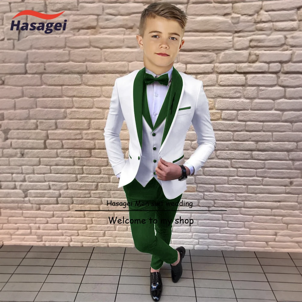 Suit for Boys White Jacket Green Collar Three Piece Wedding Kids Tuxedo Formal Party Clothes 2-16 Years Old Children