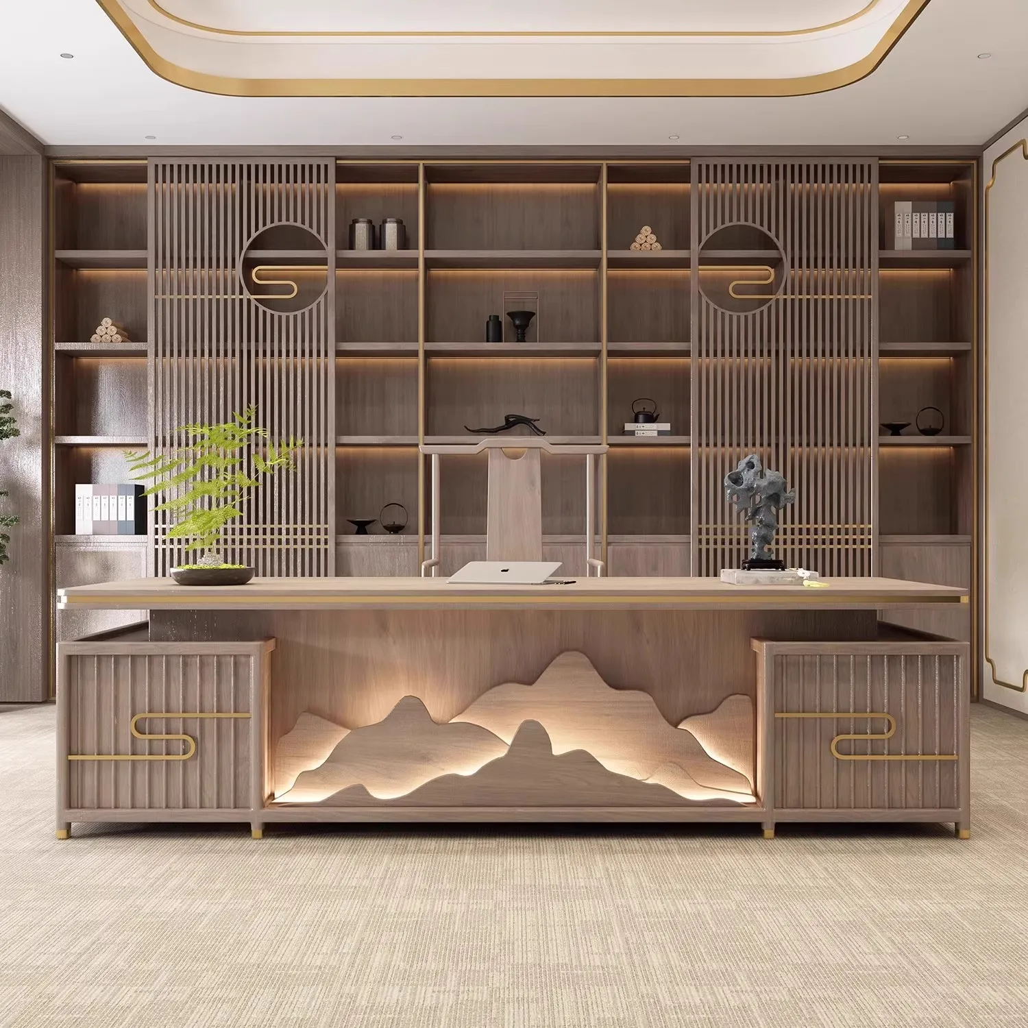 Mesa: madeira maciça, luxo leve, mesa e cadeiras chefe, escritório moderno e simples