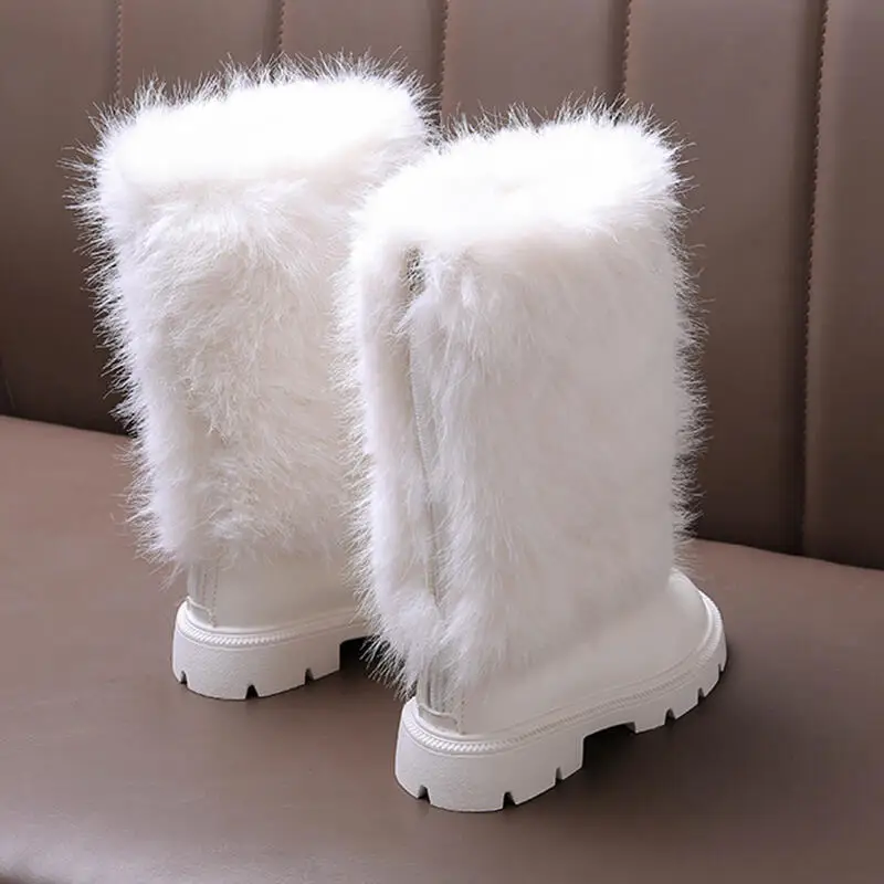 Luxury Fluffy Fur Girl Knee High Boots Winter 2026 Comfort Non Slip Thick Sole Furry Snow Boots Plus Size Children Long Booties