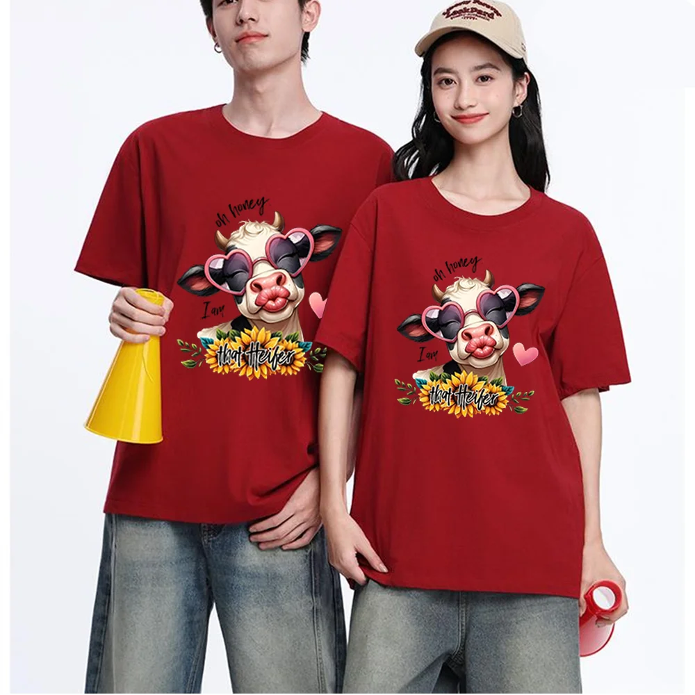 Cute Cow With Heart Sunglasses And Sunflowers Printed T Shirt Breathable Fabric S-XXL Personalized Custom T Shirt Casual Short S
