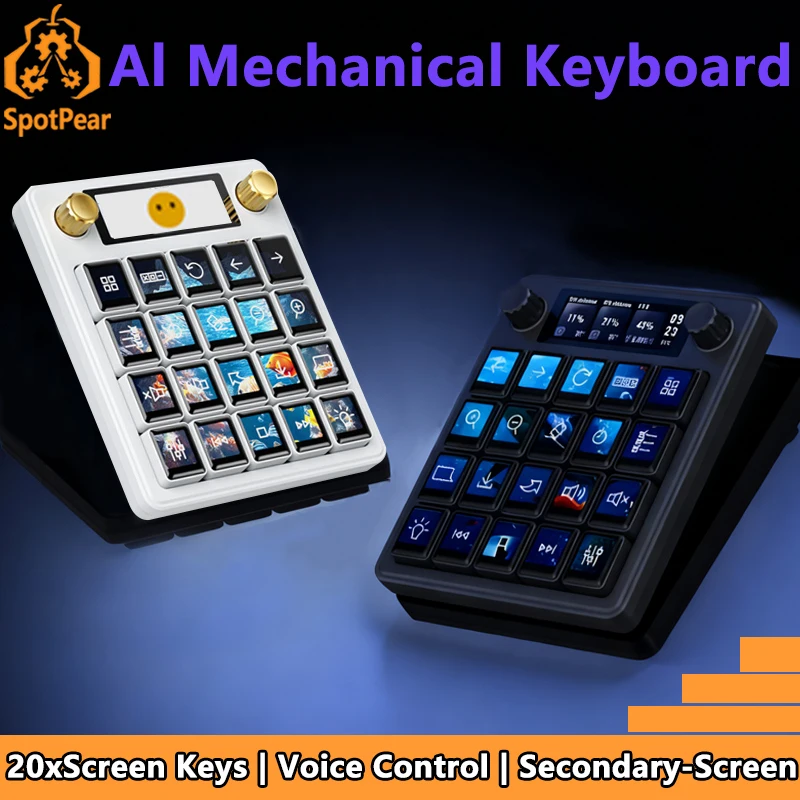 MK20 الكمبيوتر AI Deepseek لوحة المفاتيح الصوتية الميكانيكية لينكس ل Xiaozhi 0.85 بوصة شاشة LCD تخصيص المفاتيح 2.8 بوصة الثانوية