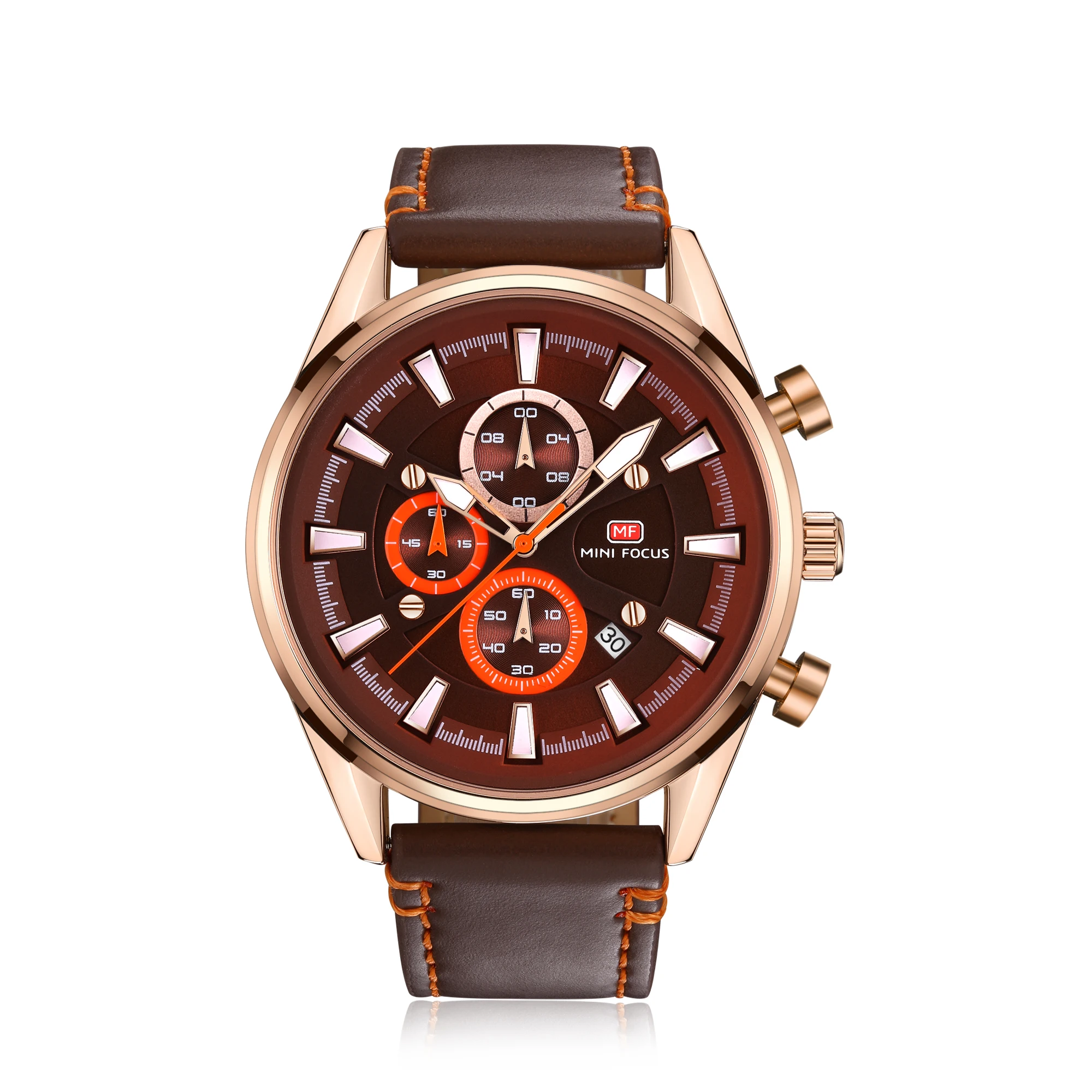 2025 New Mini Focus MF0083G Luxury Men Quartz Watches Brown Genuine Leather Strap Chronograph Waterproof Watch