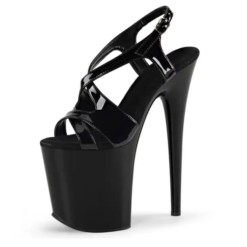 

Sexy Black Patent Leather Sandals | 20CM Ultra High Heels | Buckle Ankle Strap | Thick Platform Sole | Fetish & Nightclub Shoes