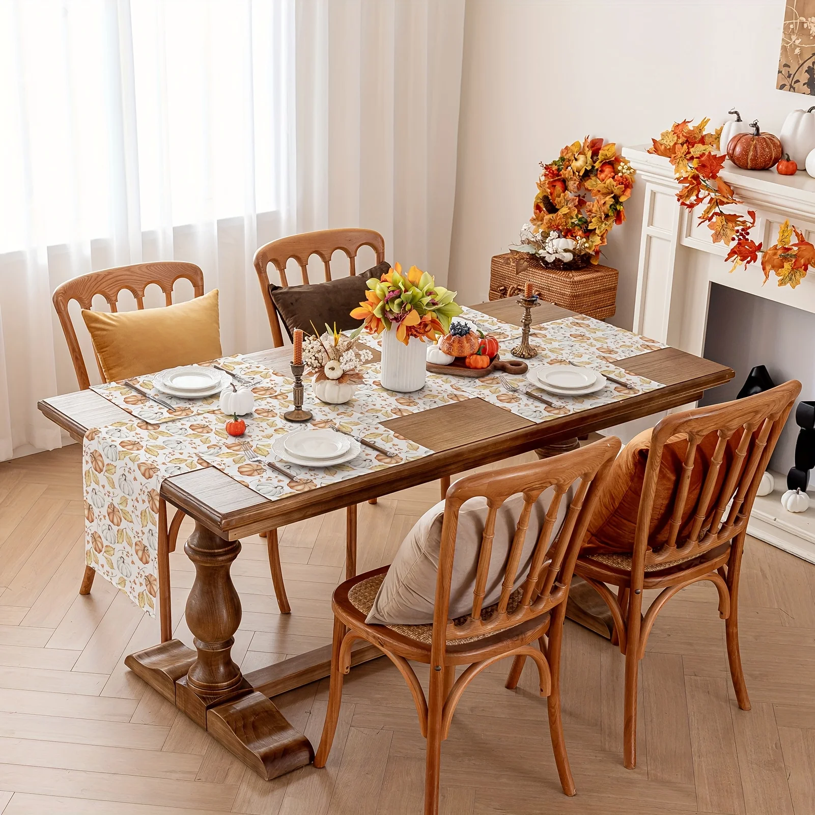 مفرش طاولة بني مع طباعة مسطحة من أوراق القيقب - ديكور لتناول الطعام في المزرعة، مناسب لعيد الشكر والمطبخ والعطلات