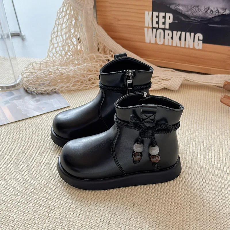Girls Autumn Winter Soft-soled Non-slip Bow PU Leather Boots Children Comfortable Lightweight Short Boots Warm School Shoes Kids