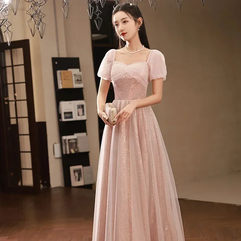 Ofallsis Pink Puff Sleev Evening Dress Autumn New High Class Fairy Sweet Sisters Adult Ceremony Girl Friend Group Dresses