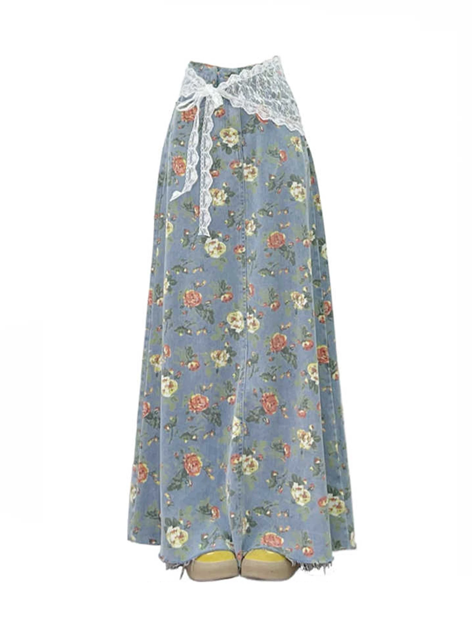 

Women's Blue Flower Print Mori Girl Denim Skirt Vintage 90s Aesthetic Y2k Long Skirts Harajuku A-line Jeans Skirts 2000s Clothes
