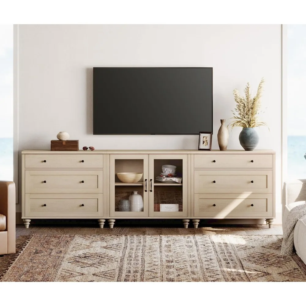 Suporte de TV para TV de 100 polegadas, mesa de console de TV de madeira para TV de 75/80/85/90 polegadas, centro de entretenimento com porta de vidro e gaveta