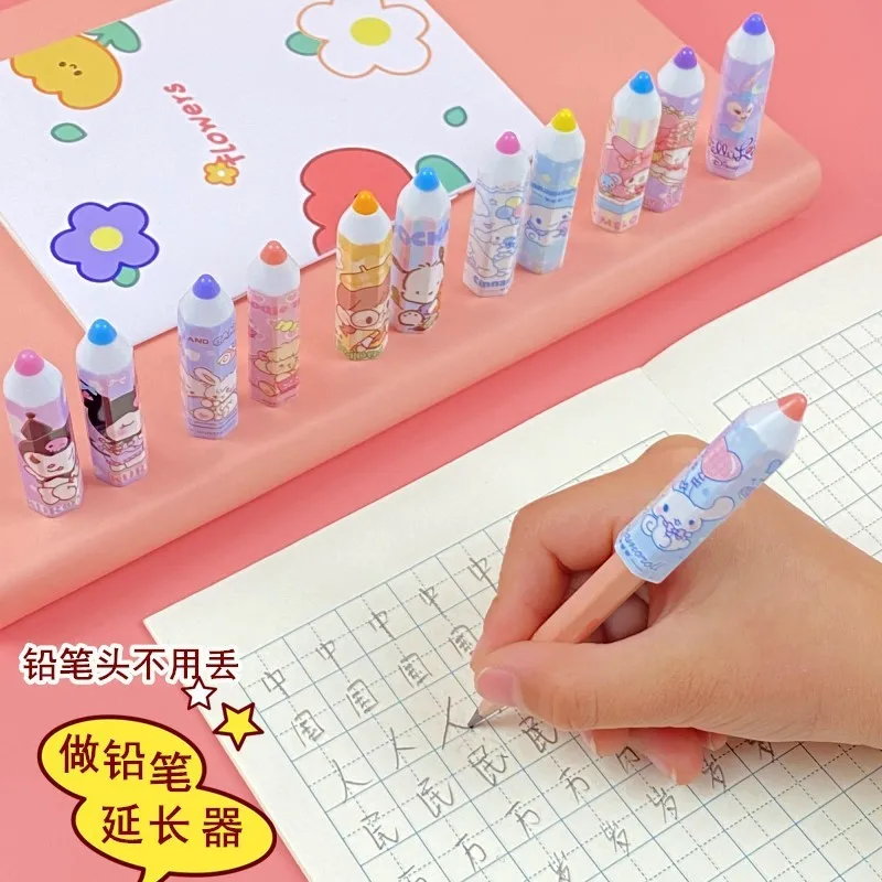 4Pcs Sanrio Pencil Cap Kawaii Hellokitty Mymelody Kuromi Student Cartoon Pen Cover Extender Pencil Case Grip