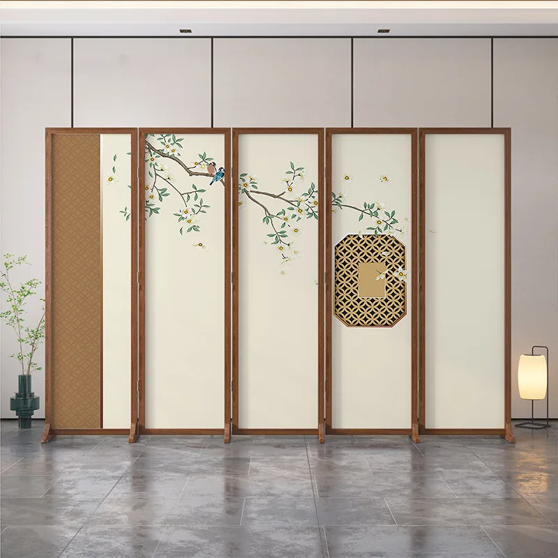 Screen partition living room new Chinese office modern simple folding mobile solid wood porch folding screen flowers and birds