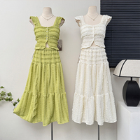 2025 New Summer Women Single Breasted Mini Camisole + Elastic Waist A Line Long Skirt 2pcs Set Suits Beach Style