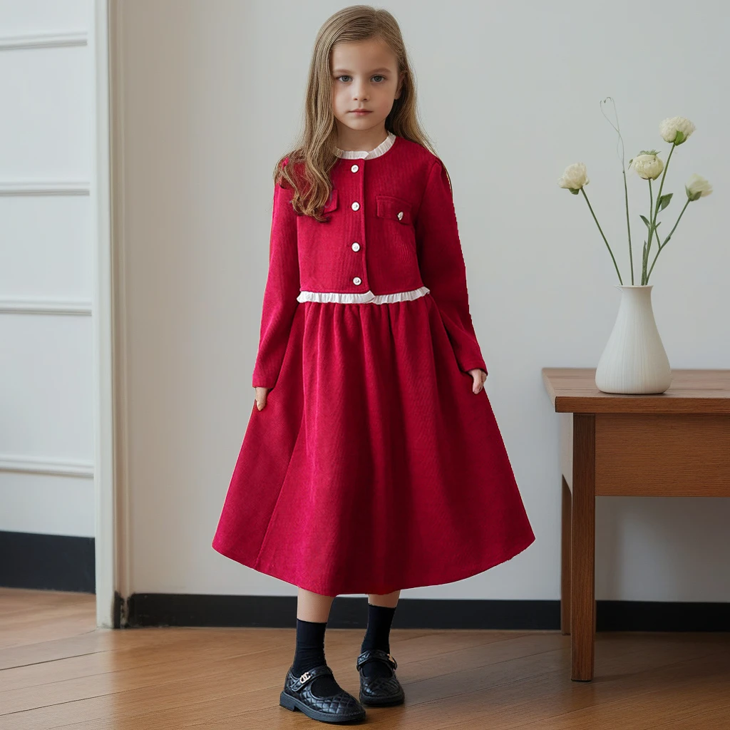 

Spring 2025 Girls Clothing Set Red Princess Style Costumes 4-14 Years School Kids Boutique Outfits Thick Jacket Skirt Two-piece