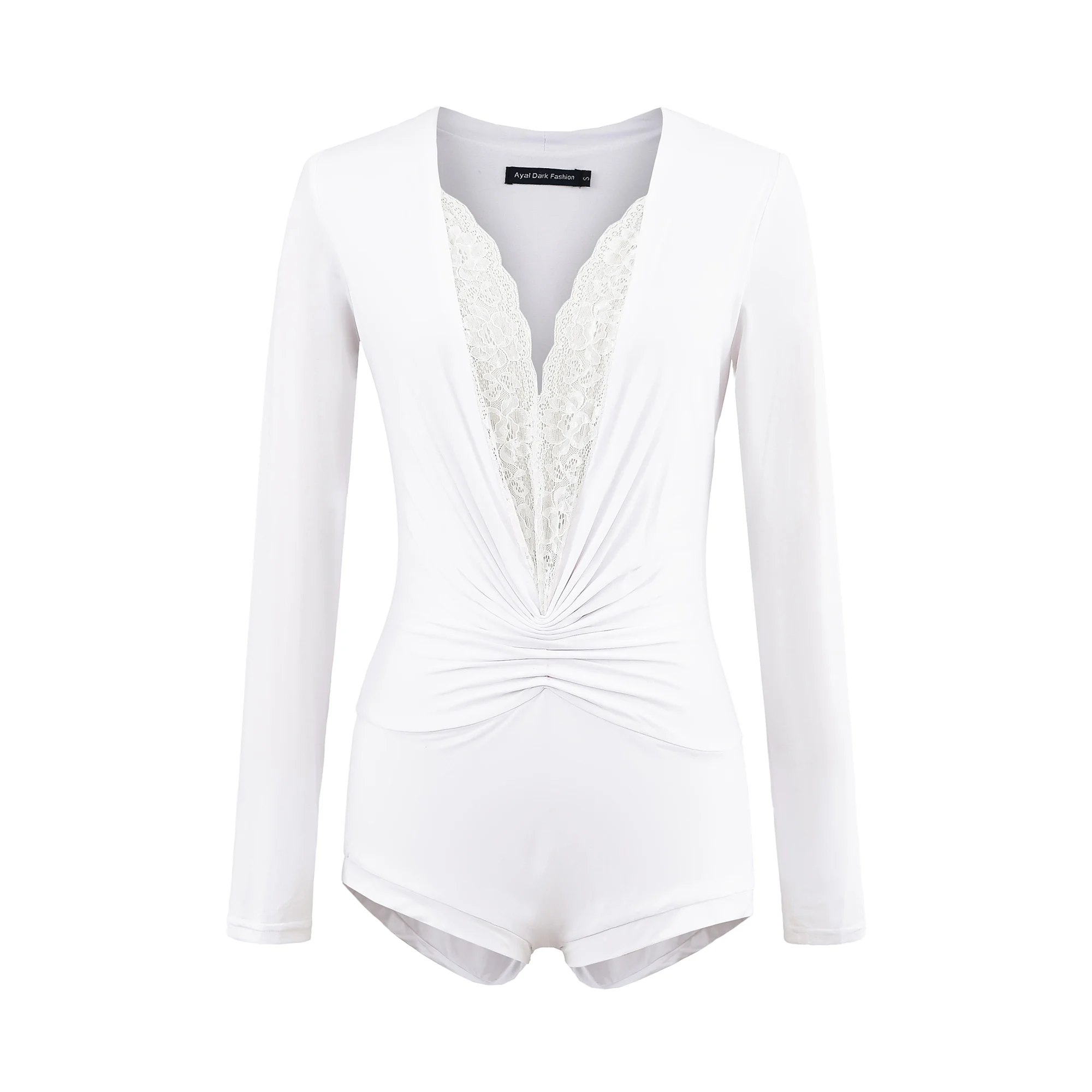 

Retro Lace Splice Sexy V-Ne Long Sve Onesie Women Pure Desire Slim Fit oulder T-irt Top Cotton Blend Fabric High Wai...