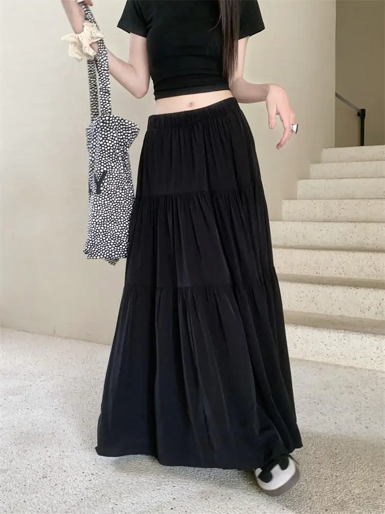 Women Sweet Cake Skirt Autumn Trend High Waist Pleated Skirt Casual Elegant All-Match Solid A-line Big Swing Double Layer Skirt