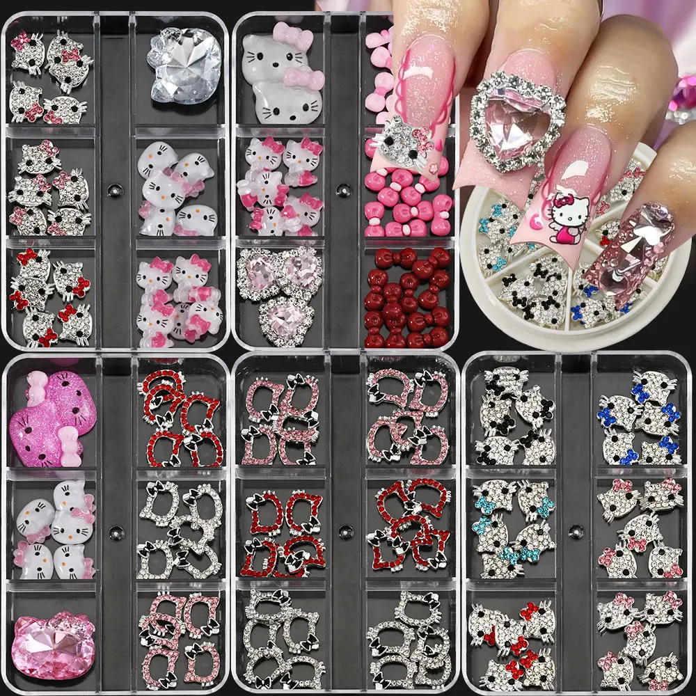 

6 Grids Alloy Hello Kitty Crystal Rhinestones Nail Charms DIY Mixed Kitty Cat Head Nail Diamond Gems DIY Manicure Decoration