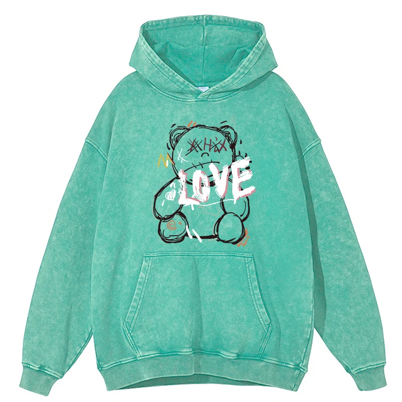 Little Bear Graffiti Love Pattern Print Distressed Cotton Hoody Men Soft O-Neck Warm Comfortable Hooded Versatile Washed Tops