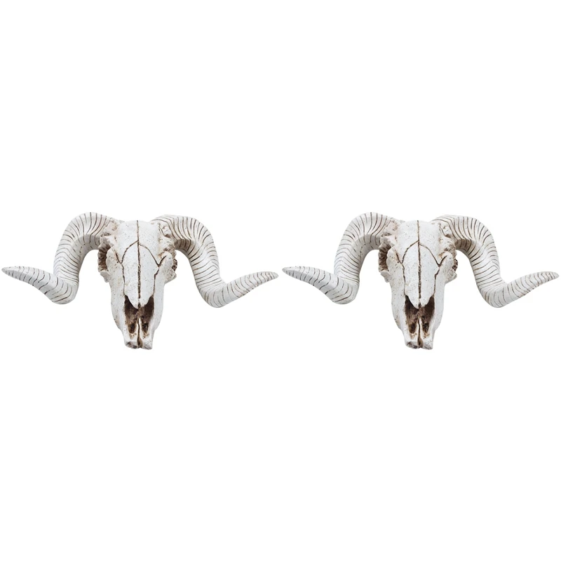 

2X Creative Resin Sheep Head Skull Head Wall Hanging 3D Animal Longhorn Sculpture Figurines Crafts Horns Home Decor