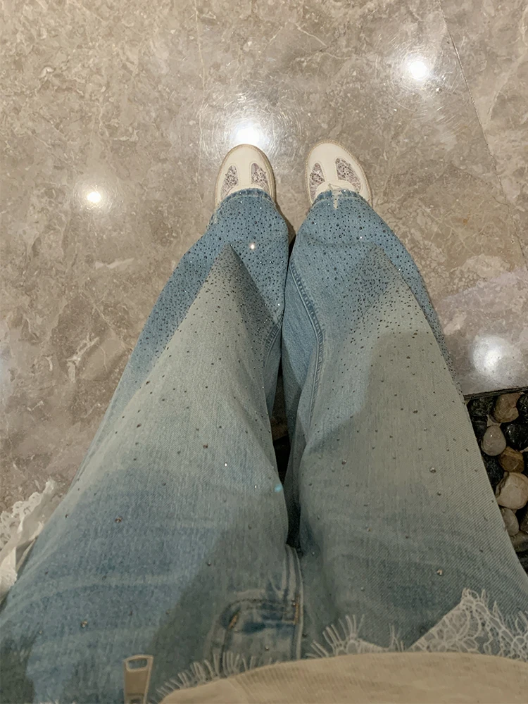 

Washed Denim High Waist Slim Straight Thin Jeans Ladies Spring Summer Fashion Korean Style Gold Su One Patch Diamond Small Size