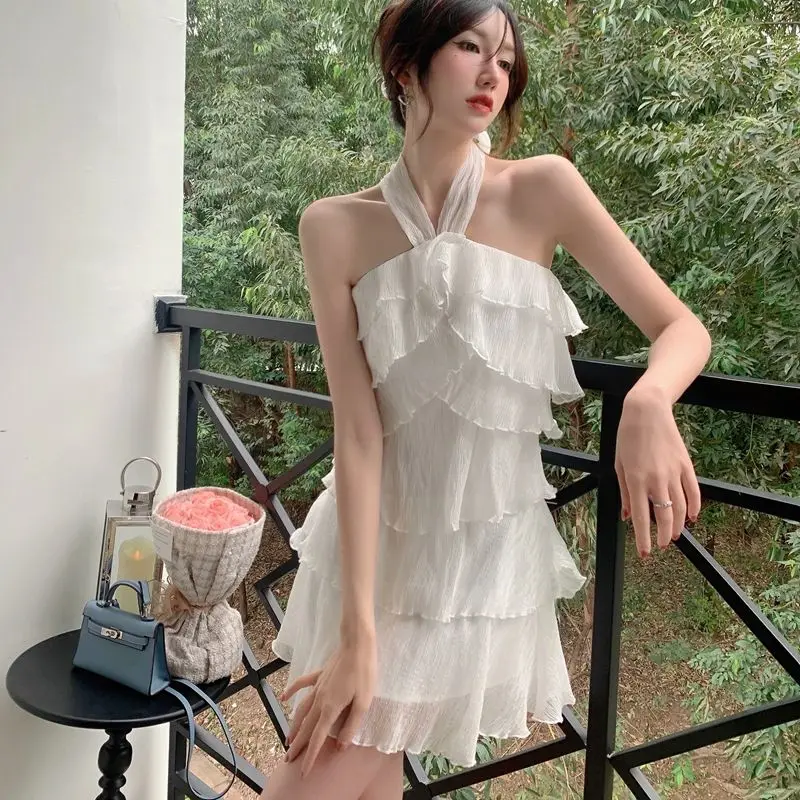 Sleeveless Dresses Women Halter Neck Ruffles Mini Elegant Sexy Sweet Retro Design Trendy Korean Casual Lovely Summer Thin Female