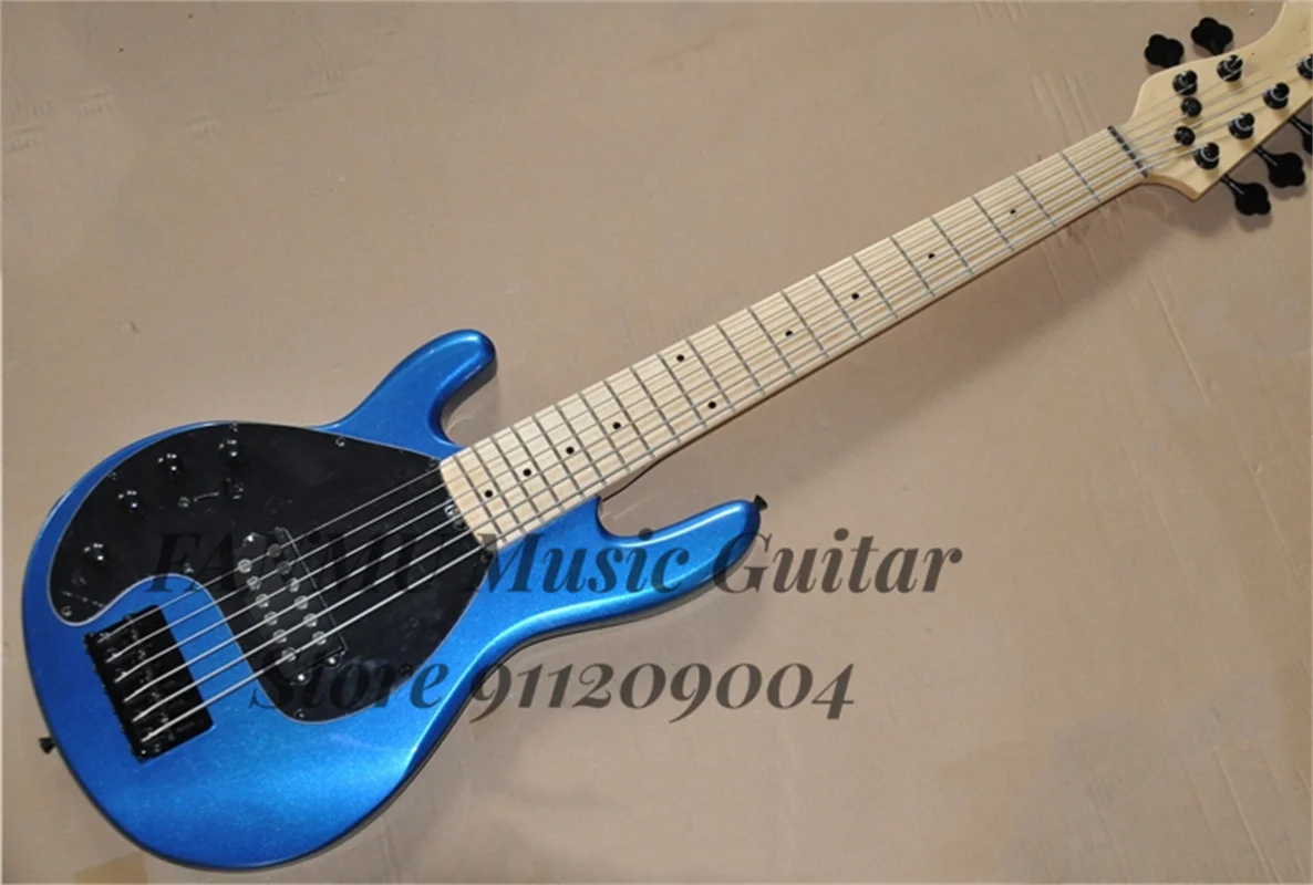 Left Hand Bass Guitar 6 Strings Metal Blue Bass Ray Body Maple Fingerboard 21 Frets Black Pickguard Fixed Bridge Black Tuners