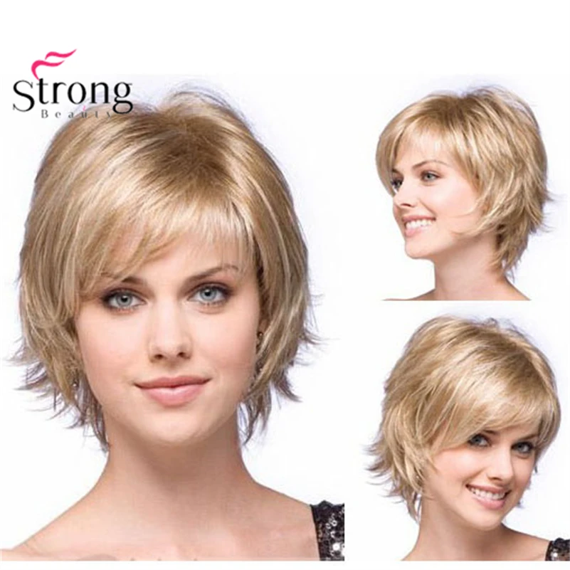 StrongBeauty peruka krótka blond Mix wzburzone warstwy odwrócone końce pełne peruki syntetyczne zamówienie mix